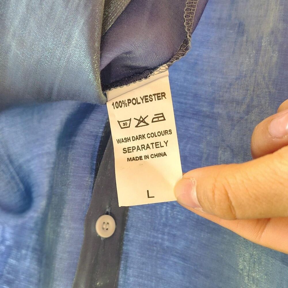 C+D+M Iridescent Shimmer French Blue Satin Button Down Blouse Shirt NWT SIZE L - Picture 6 of 8